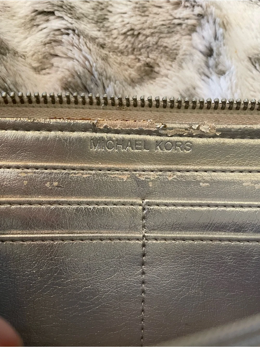 Michael Kors Light Cream Leather Zip Wallet with Metal Logo Plate